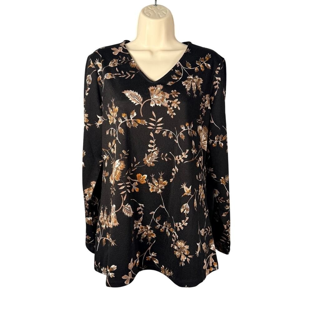 Susan‎ Graver Top Small Black Tan Textured Floral V-neck Long Sleeve Work Casual
